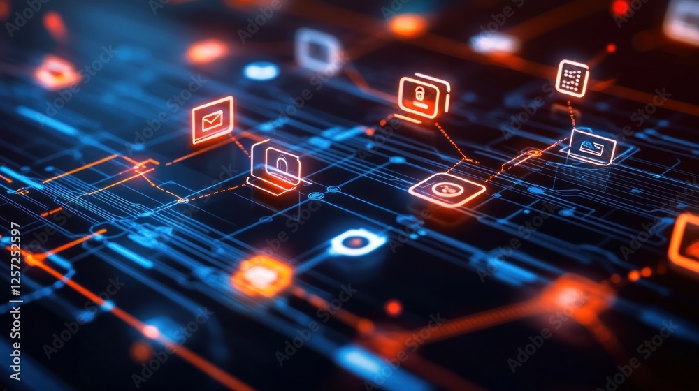 Poster Digital data flows represented through glowing connections and icons