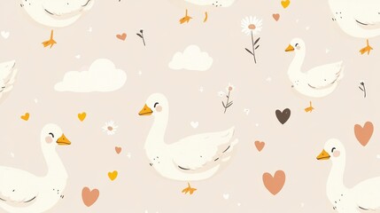 70.Cute seamless pattern of white geese with yellow beaks, surrounded by hand-drawn hearts, daisies, and scattered clouds, on a light and airy background.