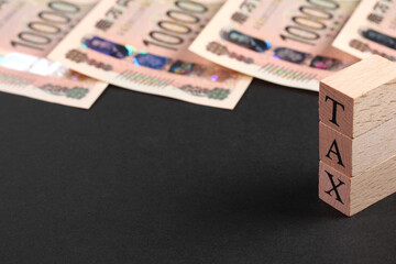 1万円札と「TAX」のブロック