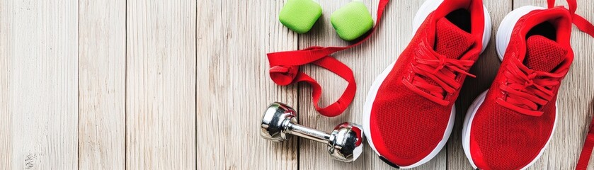 Red sneakers, dumbbells, and weights on wood. Fitness, workout, healthy lifestyle