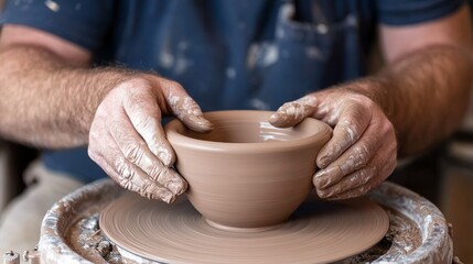 Close-up of hands expertly molding a clay bowl on a spinning potter's wheel, with moist clay shining under warm studio lighting, highlighting the art of pottery