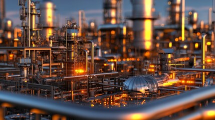 Vibrant Industrial Complex with Pipes and Structures Glowing in the Sunset Light of a Modern Factory Environment