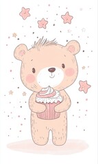 Cute Teddy Bear Holding Cupcake  Stars  Pastel Colors  Birthday