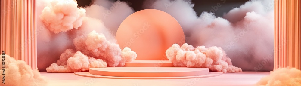 Poster dreamy pink platform surrounded by soft fluffy clouds and curtains