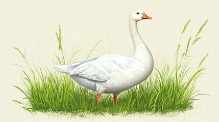 Obraz premium 86.A serene vector illustration of a white goose standing gracefully on a patch of lush green grass, detailed with soft gradients and clean lines, against a light background.