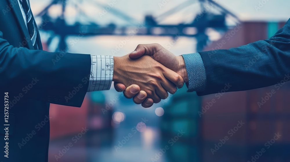 Poster Two men shaking hands in front of a large cargo container ship at a shipping port