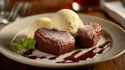 Two heart-shaped brownies are served warm on a white ceramic plate with scoops of vanilla ice cream, drizzled with chocolate sauce and garnished with mint leaves