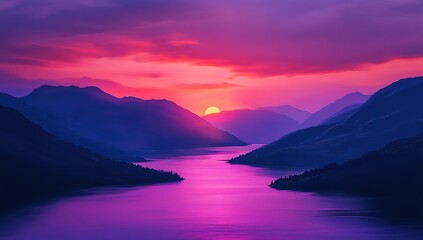 Majestic Sunset: Vibrant Sky over Serene Mountains and Calm Lake, Picturesque Landscape