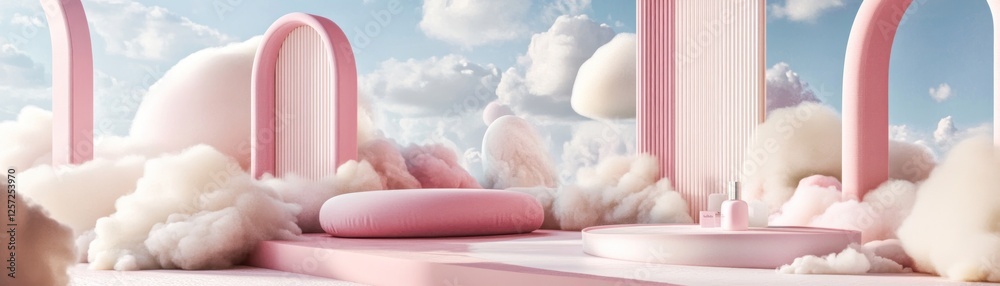 Poster abstract pink display stage with clouds and sky background