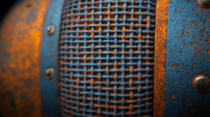 Rusty, blue-orange metal sphere, close-up, mesh texture, dark background