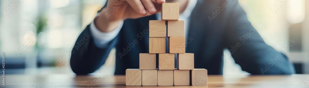 Poster person stacking wooden blocks on a table in a bright indoor environment with natural light