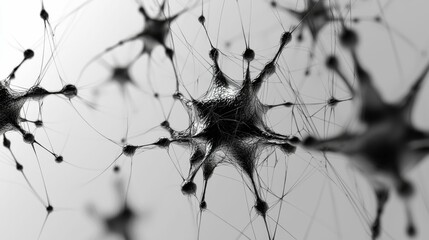 Abstract depiction of interconnected neural cells showcasing intricate structures and organic designs in grayscale tones