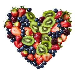 Fototapeta premium Heart-shaped arrangement of fresh colorful fruits isolated on white or transparent, PNG