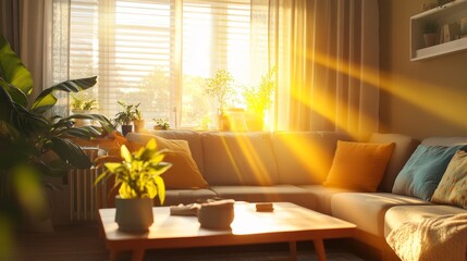Fototapeta premium Bright Sunlight Streaming Through Window in Cozy Living Room