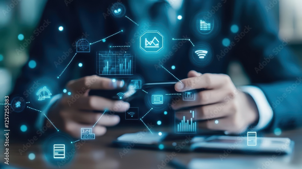 Aufkleber businessman in suit using tablet with digital icons and symbols for technology and communication con