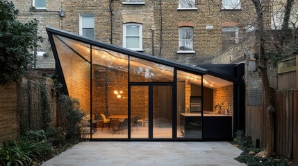 Fototapeta premium Modern glass extension, backyard, London, evening lighting, home renovation