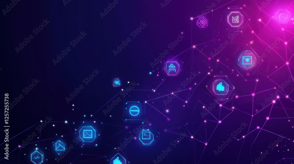 Poster Connected network of glowing icons on a gradient background