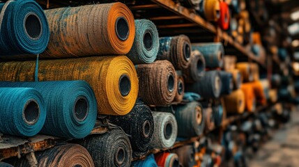 Colorful Spools of Thread Arranged Neatly in a Textile Warehouse for Craft and Sewing Projects