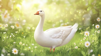 Obraz premium 89.A white goose in a relaxed pose, standing on a green meadow with tiny flowers and soft sunlight accents, rendered in a cheerful and approachable vector style.