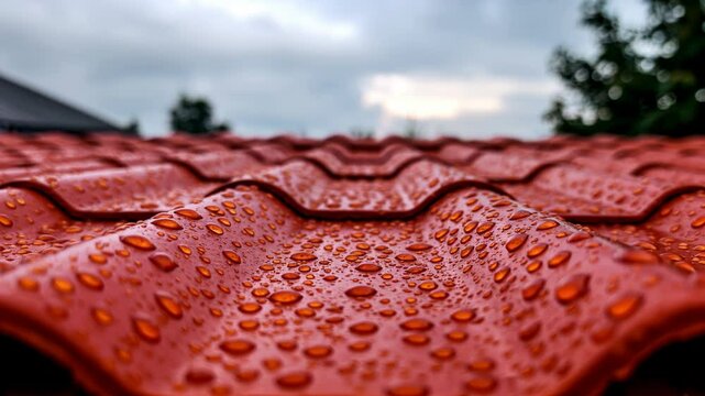 Raindrops cover a red metal roof. Close up view of weather events. Suitable for construction companies, roof repair, and rainy season advertisements. Horizontal video