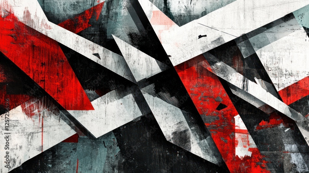 Poster Abstract geometric composition with intersecting shapes of red white and black