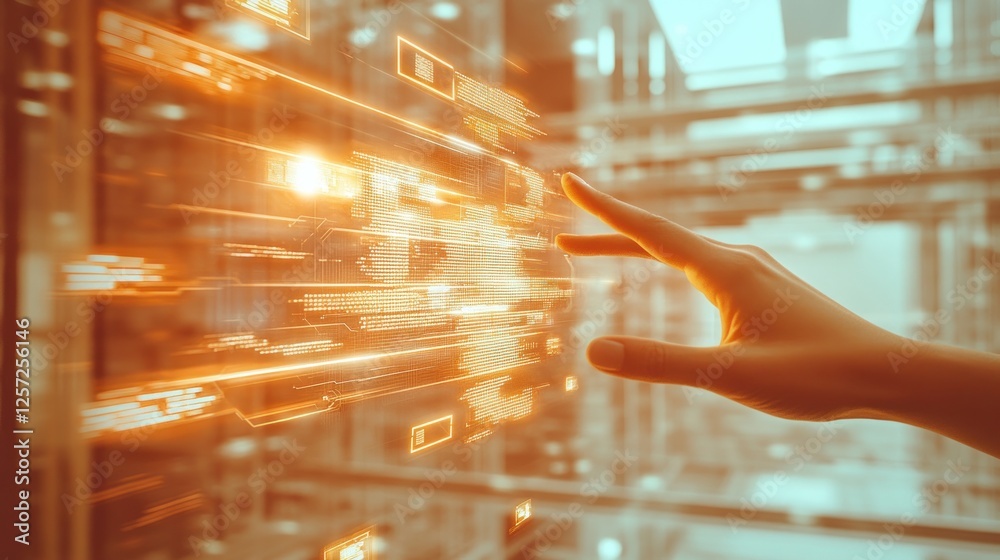 Poster hand interacts with a futuristic holographic display in a server room