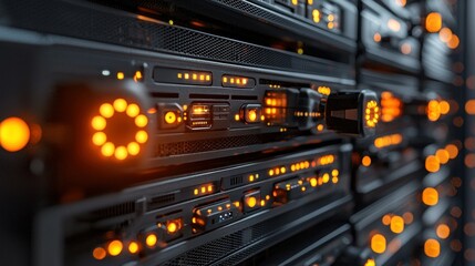 Naklejka premium Server rack installation in a data center with glowing lights