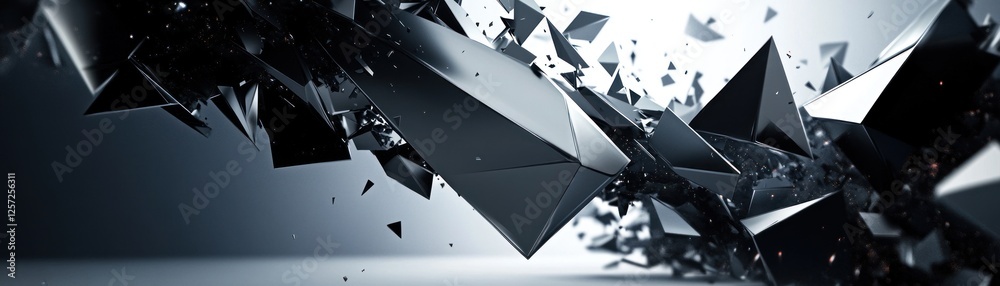 Poster Abstract dark polygonal shapes exploding into scattered geometric fragments