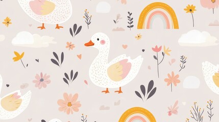 47.Seamless background featuring adorable cartoon geese interacting with tiny flowers, rainbows, and clouds, with a vibrant yet soft palette ideal for childrenâ€™s designs.
