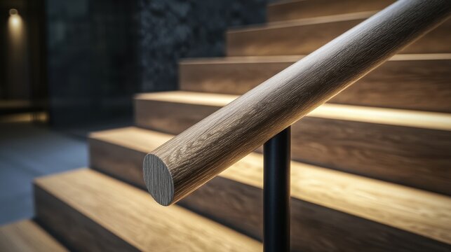 Close-Up of Smoothly Finished Oak Wood Handrail on Dark Metal Post Along Warm Wooden Stairs