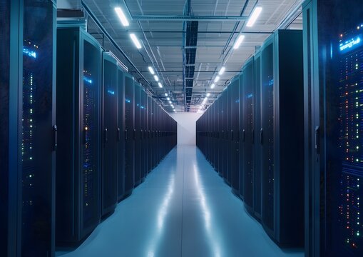 Server Rack Row in Modern Data Center - Powered by Adobe