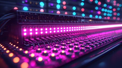 Server rack with glowing LEDs in data center