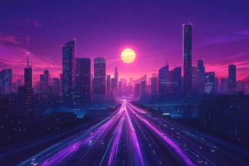 Fototapeta premium the highway in the neon light of violet shades goes into the horizon, the outlines of the city are visible against the background