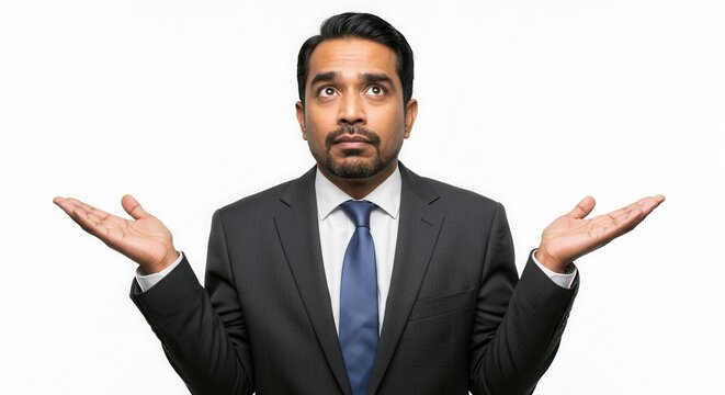 Portrait of questioned indecisive businessman with and throwing hands aside with clueless isolated over white color background