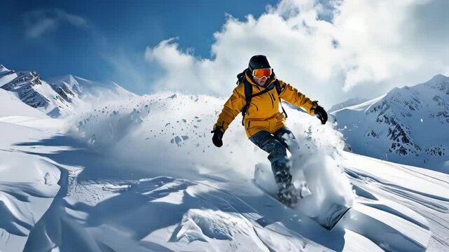 A snowboarder in a yellow jacket carving through fresh, powdery snow.