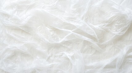 Obraz premium Close-up view of wrinkled transparent plastic wrap creates complex light distortions against a minimalistic white backdrop, providing a textured and abstract composition
