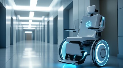 Futuristic Wheelchair in a Modern Hospital Corridor
