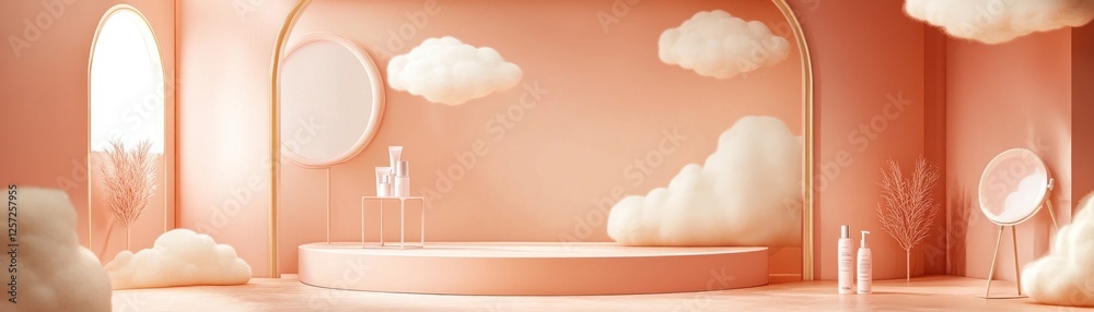 Aufkleber Peach colored studio with clouds and product display