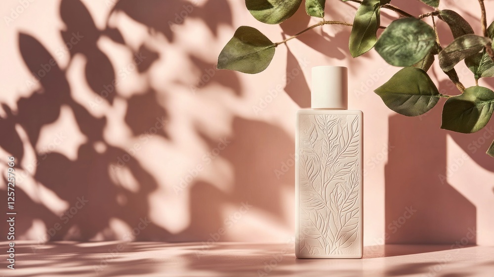 Poster Perfume bottle displayed with botanical design and shadow play