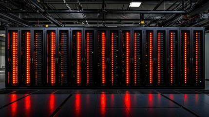 Server room with active computer racks; rows of red lit servers