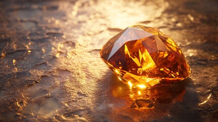 Golden Gemstone on Rustic Surface: A Luxurious and Radiant Jewel