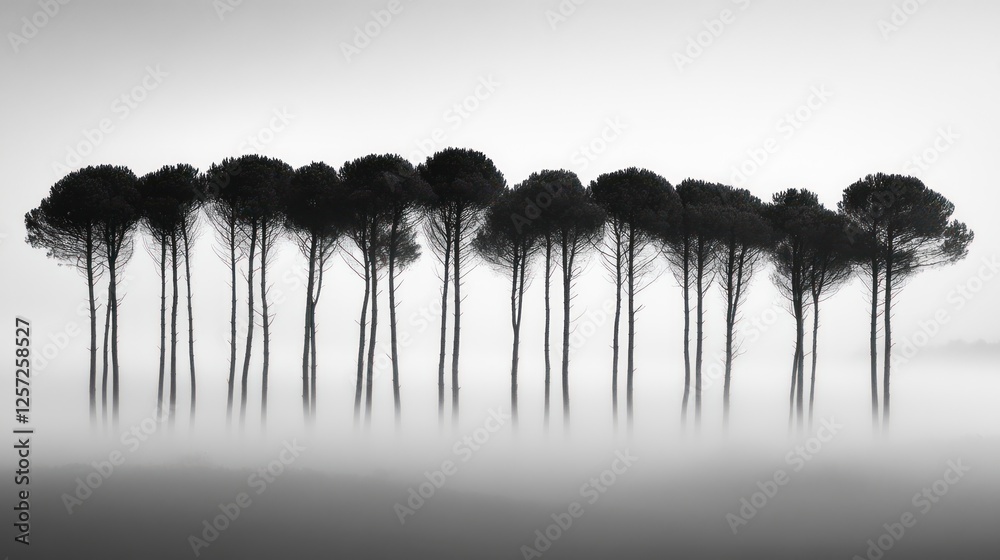 Poster A serene row of trees shrouded in dense ethereal fog