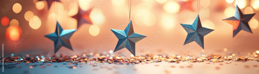 Poster hanging star ornaments sparkle against a blurred bokeh background