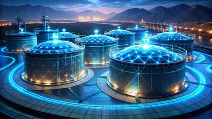 Futuristic Oil Storage Tanks at Night with Digital Technology Overlay