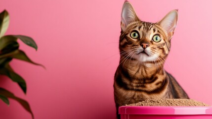 Bengal Cat with Pink Litter Box on Pink Background