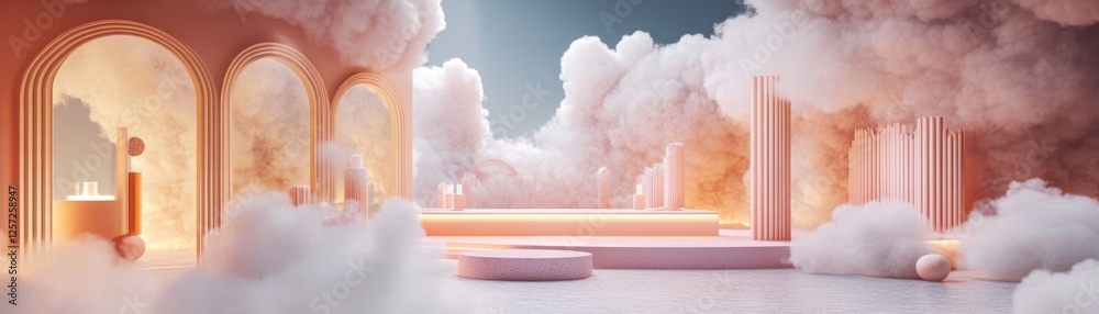 Aufkleber Dreamy peach architectural display with clouds and cylinder structures