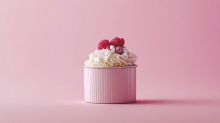 A romantic dessert beautifully arranged in a tin can on a pastel pink background, showcasing creative food presentation
