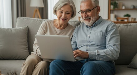 Cheerful elderly grey haired wife and husband sit on couch using computer on-line application banking website check savings feels satisfied, 60s couple examining check utility bills documents concept
