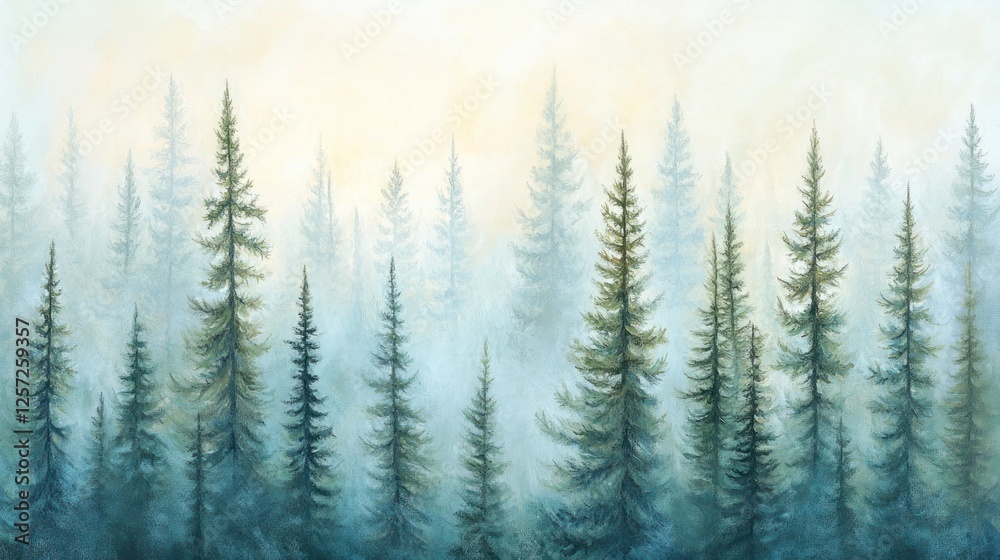 Poster evergreen trees stand in a foggy forest painting with light