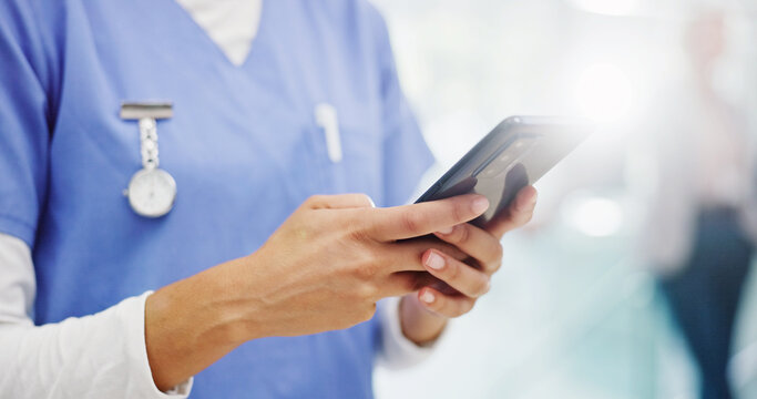 Person, hands or nurse with phone for medical research, online course or health tips at hospital. Closeup, caregiver or practitioner typing with mobile smartphone for telehealth app or news at clinic